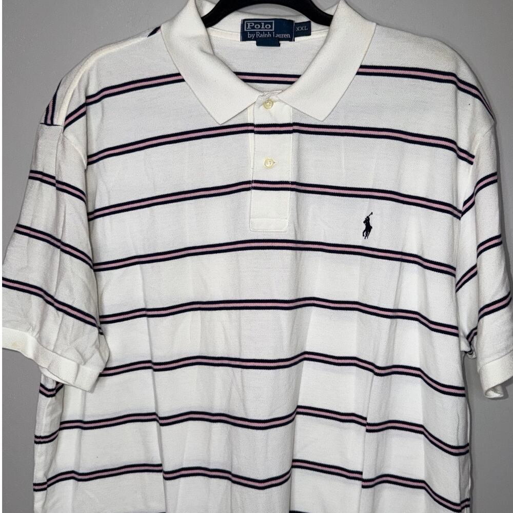 Polo Ralph Lauren Mens XXL White Blue Pink Stripe Blue Pony Short Sleeve Shirt